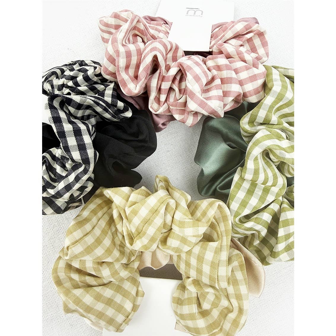 2 pc Satin and Gingham Pattern Set Scrunchie