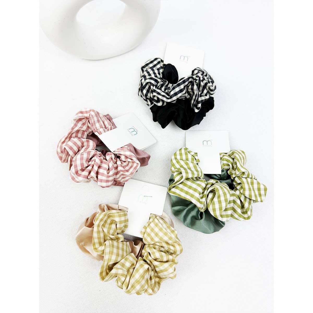 2 pc Satin and Gingham Pattern Set Scrunchie