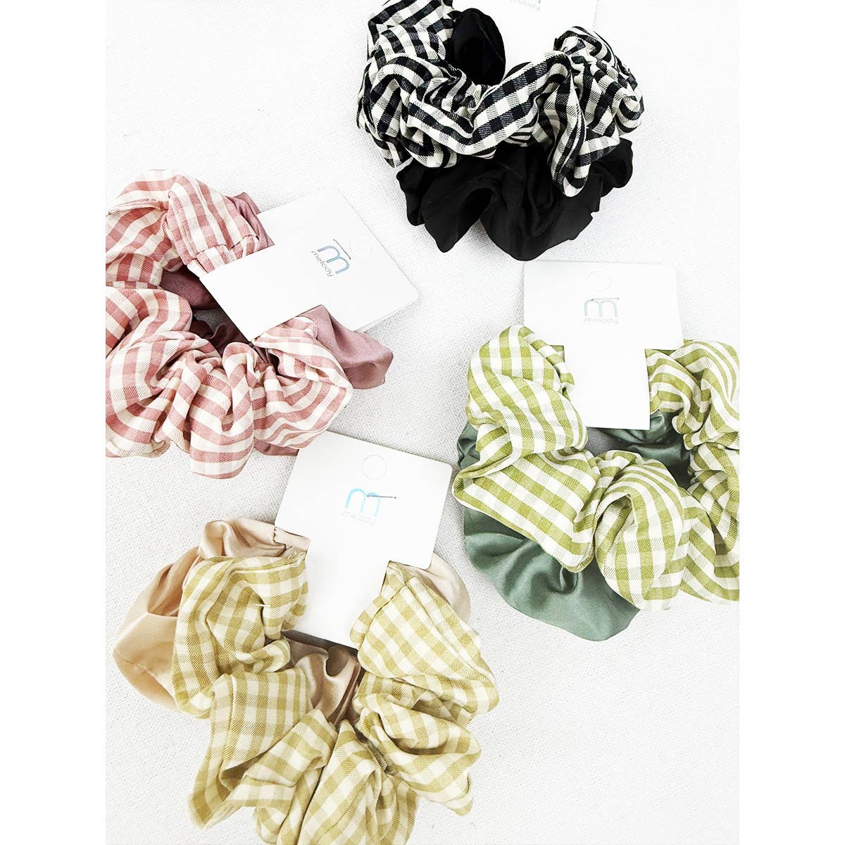 2 pc Satin and Gingham Pattern Set Scrunchie