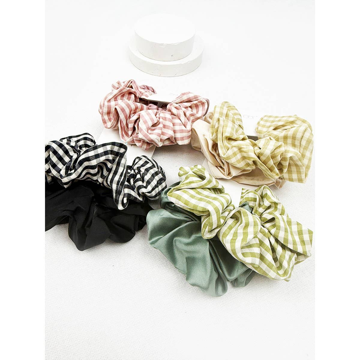 2 pc Satin and Gingham Pattern Set Scrunchie