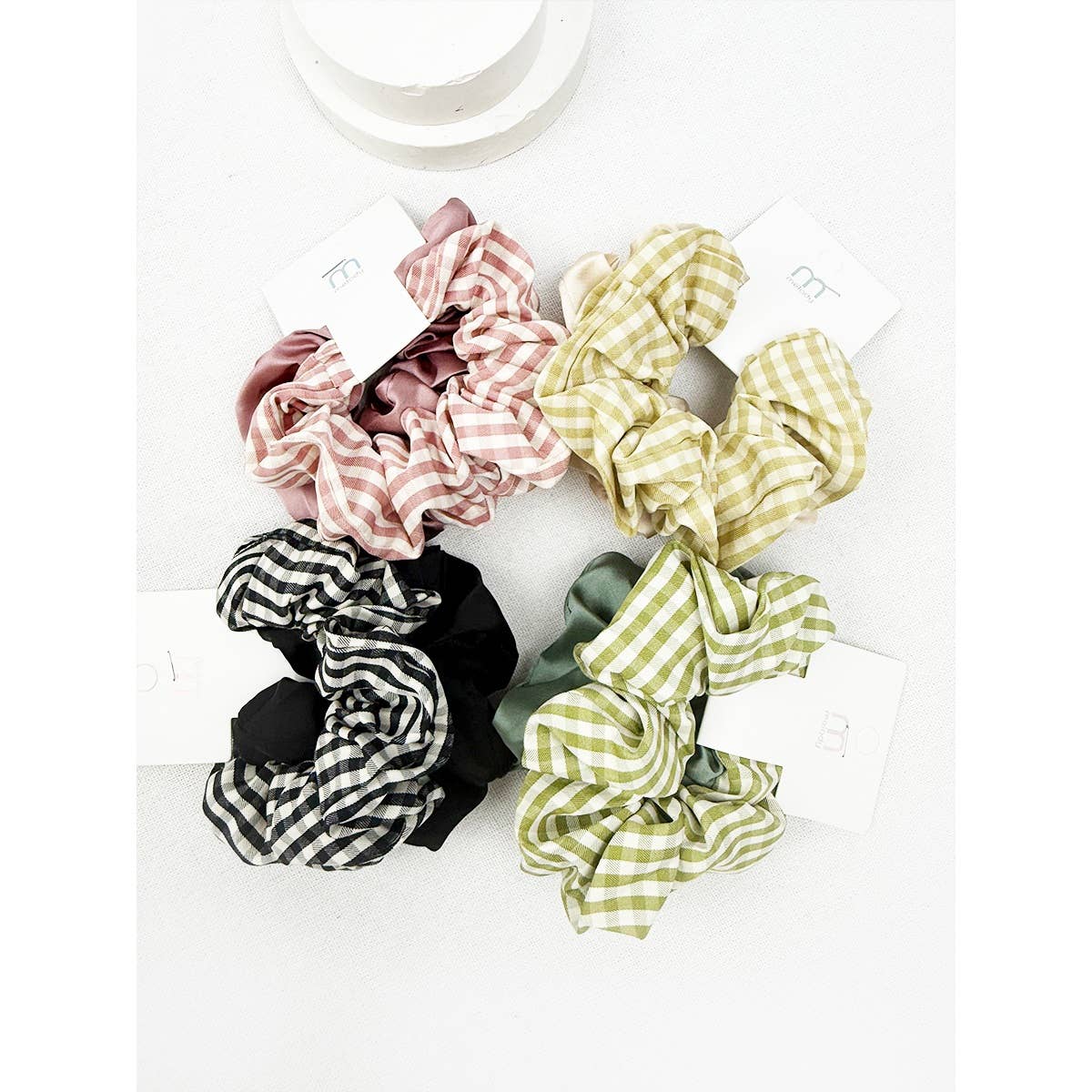 2 pc Satin and Gingham Pattern Set Scrunchie