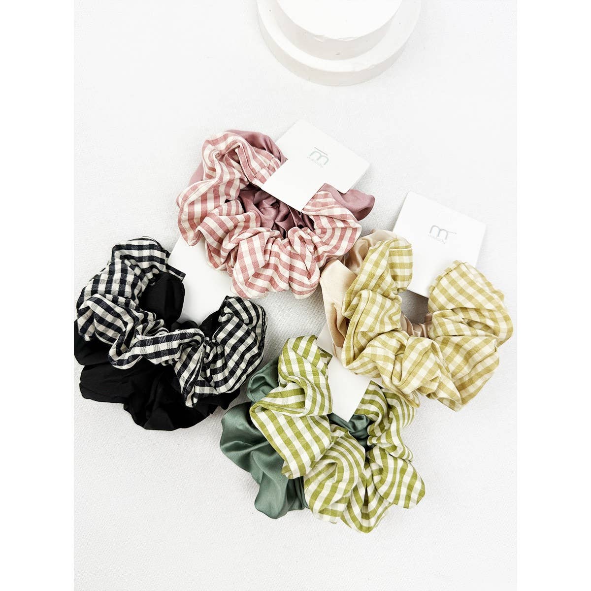 2 pc Satin and Gingham Pattern Set Scrunchie