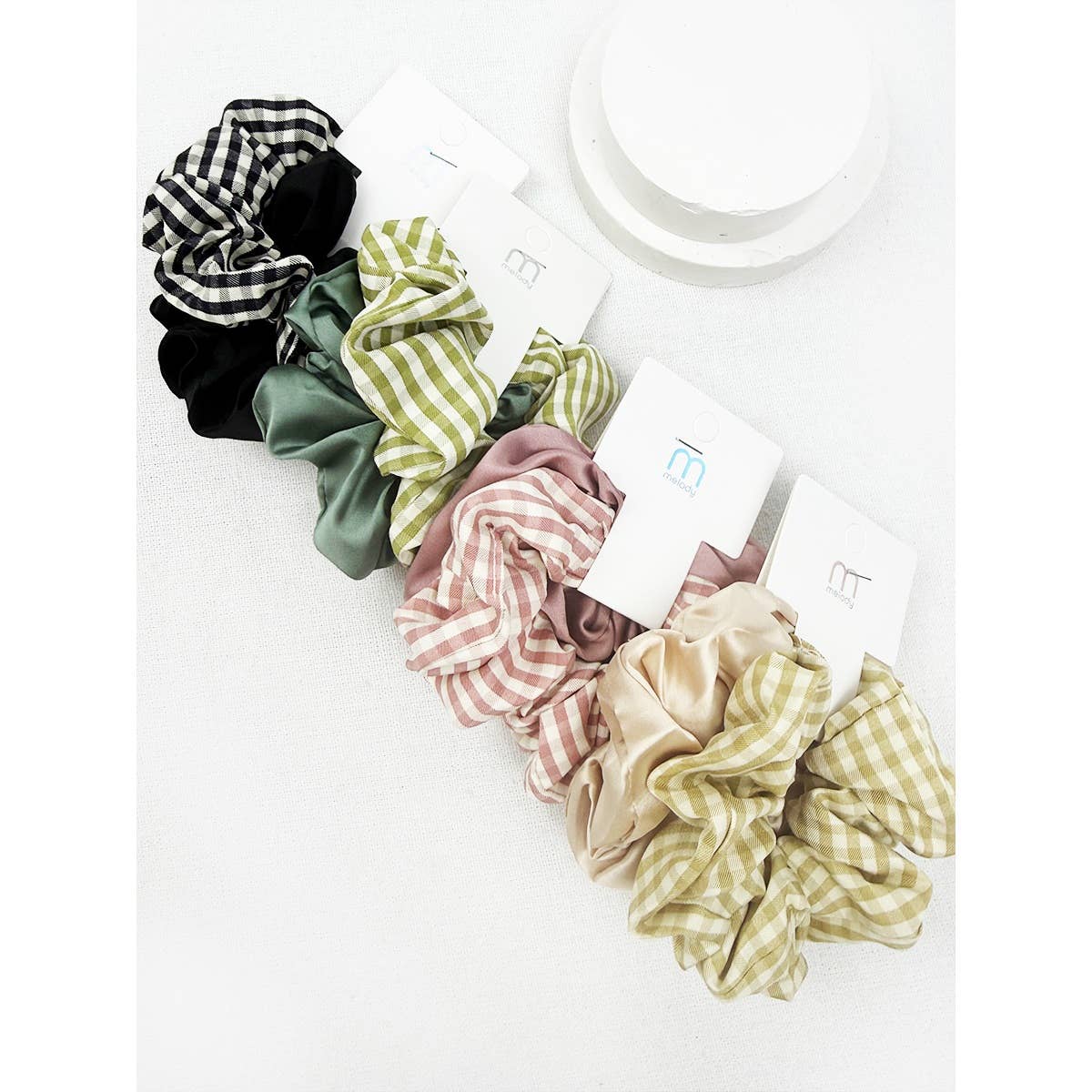 2 pc Satin and Gingham Pattern Set Scrunchie